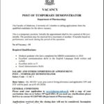 VACANCY  POST OF TEMPORARY DEMONSTRATOR  Department of Pharmacology