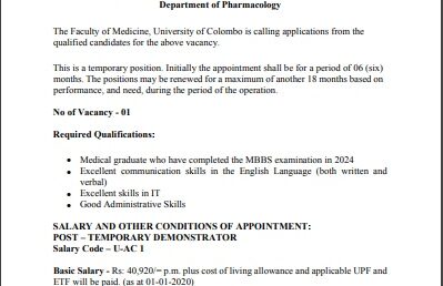 VACANCY  POST OF TEMPORARY DEMONSTRATOR  Department of Pharmacology