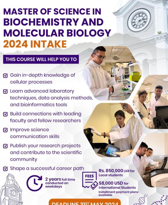 Calling applications for M.Sc. in Biochemistry and Molecular Biology 2024 July intake