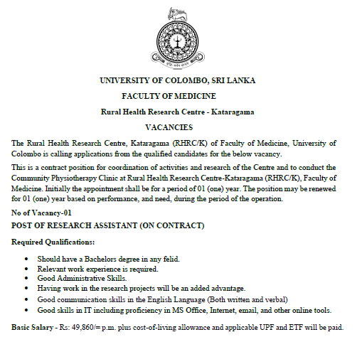 POST OF RESEARCH ASSISTANT (ON CONTRACT) – Rural Health Research Centre – Kataragama