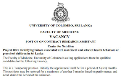 POST OF ON CONTRACT RESEARCH ASSISTANT – Center for Nutrition