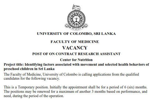 POST OF ON CONTRACT RESEARCH ASSISTANT – Center for Nutrition