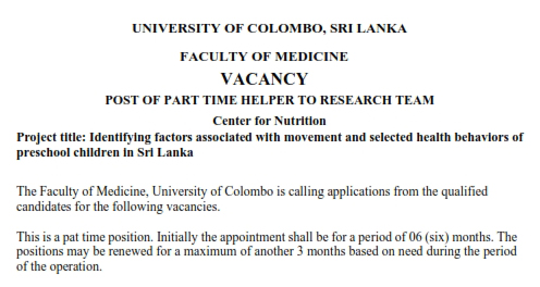 POST OF PART TIME HELPER TO RESEARCH TEAM – Center for Nutrition
