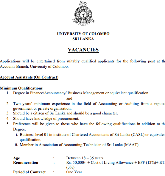Post of Account Assistants (On Contract)