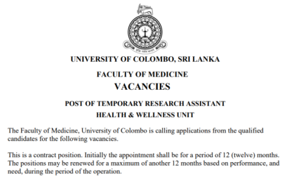 VACANCIES – POST OF TEMPORARY RESEARCH ASSISTANT- HEALTH & WELLNESS UNIT