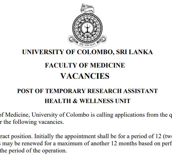 VACANCIES – POST OF TEMPORARY RESEARCH ASSISTANT- HEALTH & WELLNESS UNIT