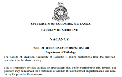 POST OF TEMPORARY DEMONSTRATOR-Department of Pathology