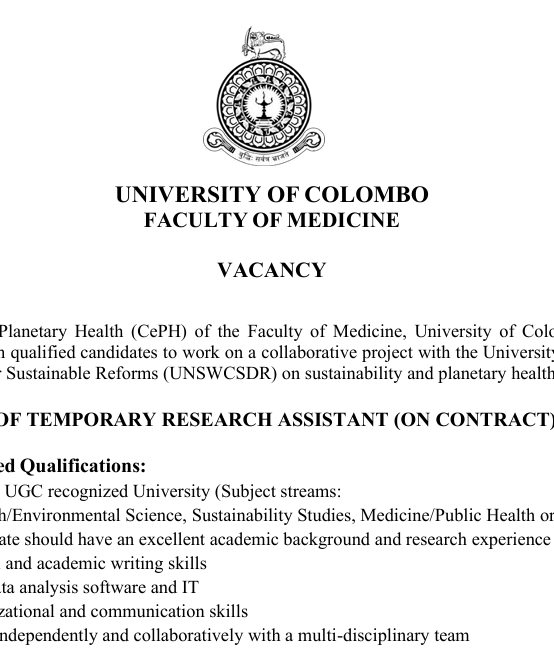 POST OF TEMPORARY RESEARCH ASSISTANT (ON CONTRACT)