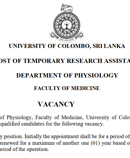 POST OF TEMPORARY RESEARCH ASSISTANT – DEPARTMENT OF PHYSIOLOGY