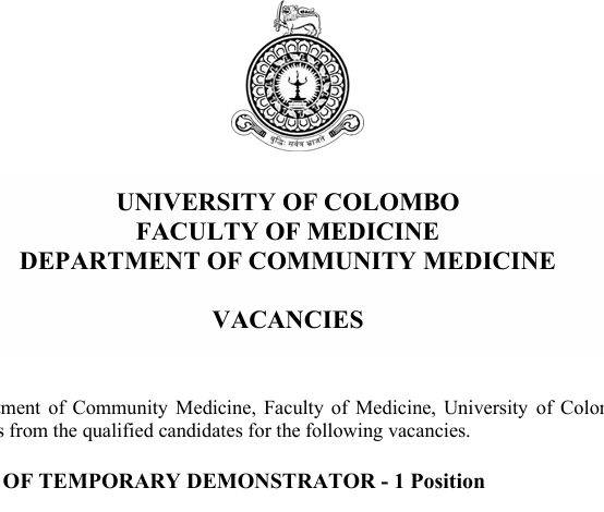 VACANCY Department of Community Medicine –  Post of Temporary Demonstrator