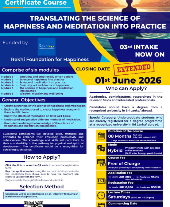 Deadline Extended – Certificate Course on Translating the Science of Happiness and Meditation into Practice – 3rd Intake