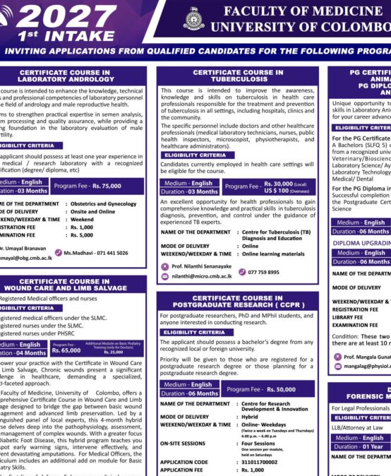 Inviting Applications from Qualified Candidates for the Following Programs – 1st Intake 2027